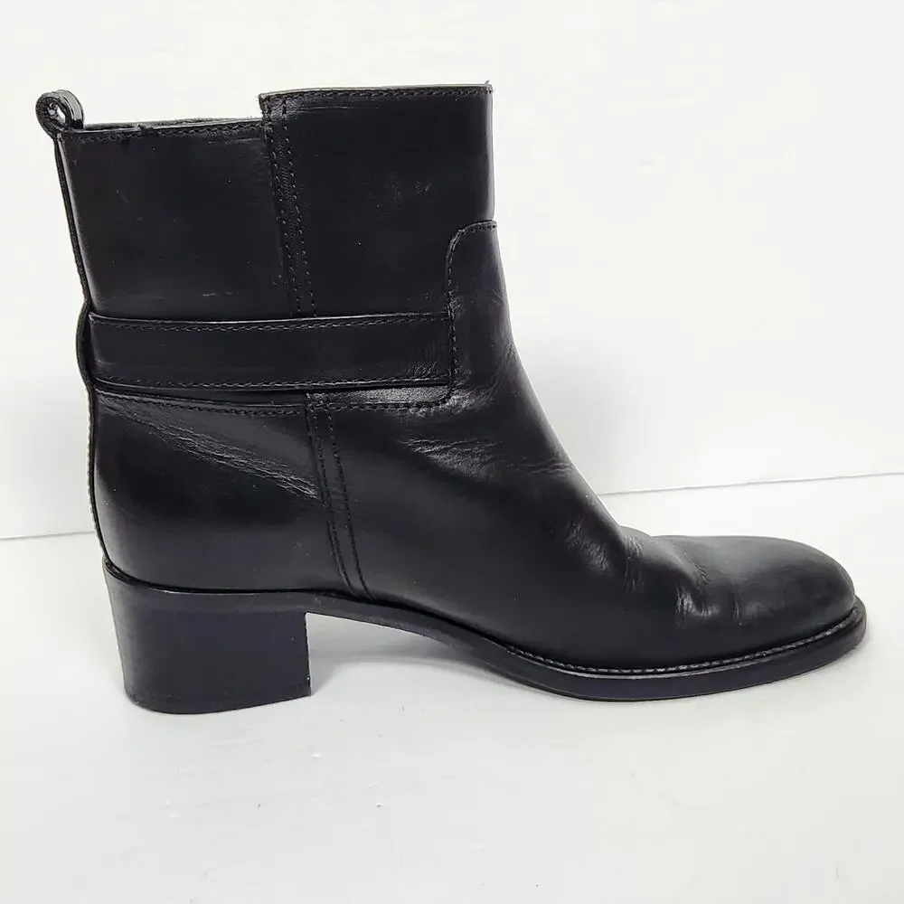 J CREW Black Leather Ankle Boots Womens Size 8 US Buckle Block Heel Booties